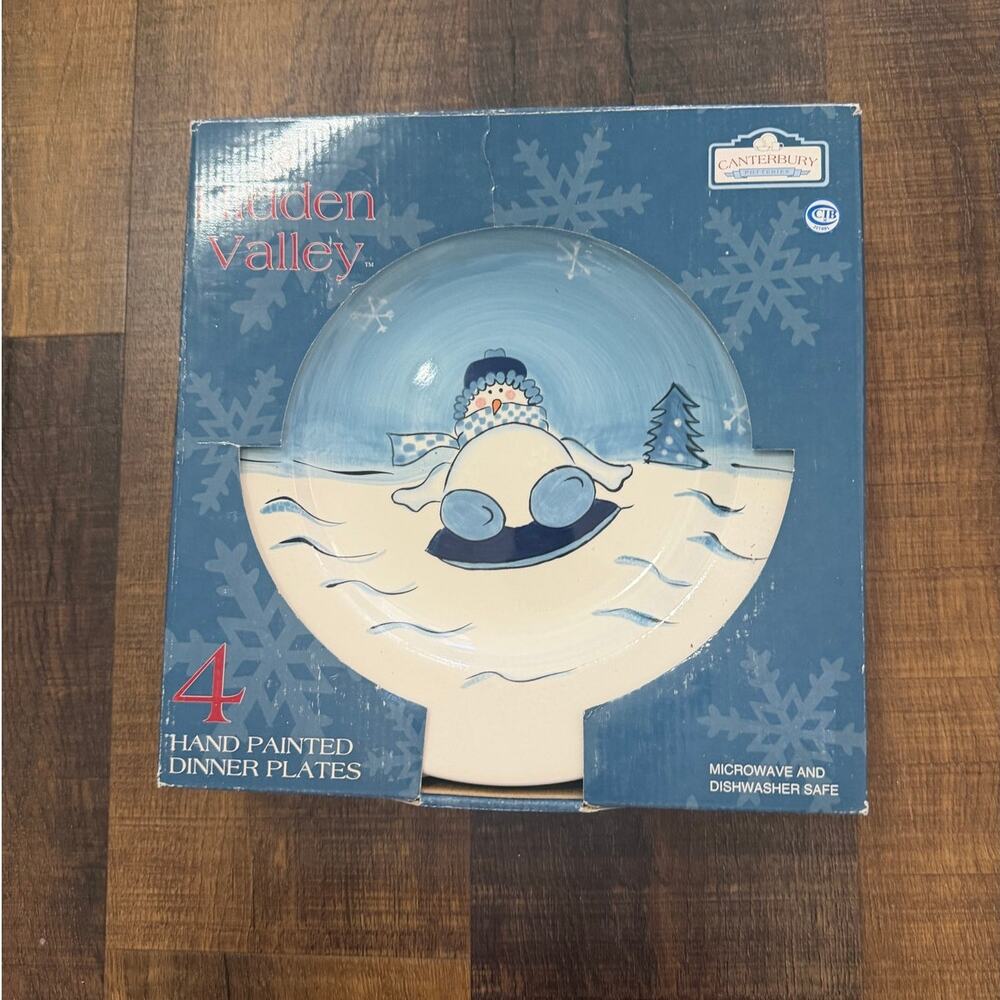 Hidden Valley Canterbury Pottery Snowman Hand Painted Dinner Plates Set of 4